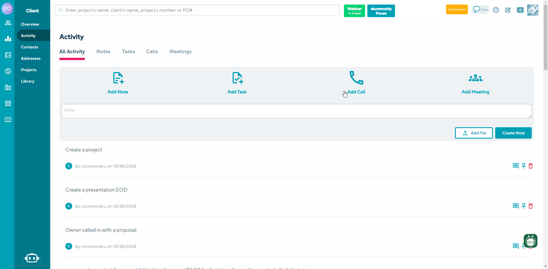 Log a call in the activity tab