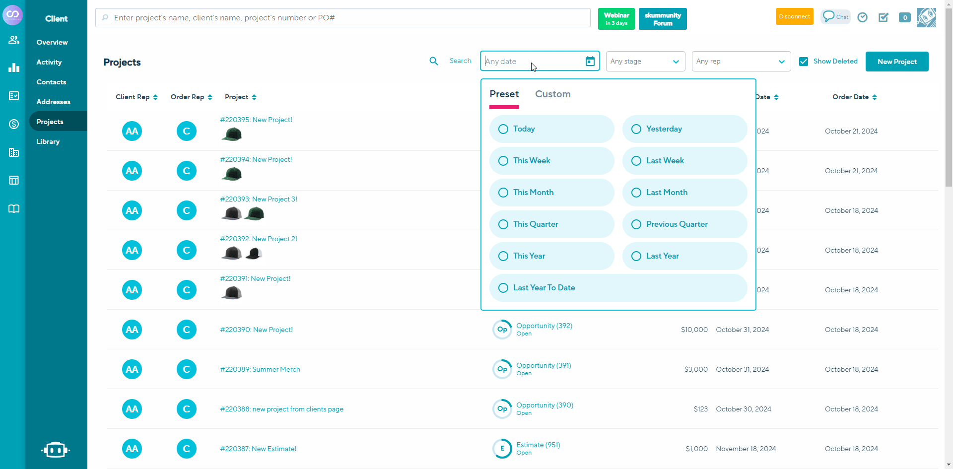To Filter Projects by Any Date, Stage or Rep