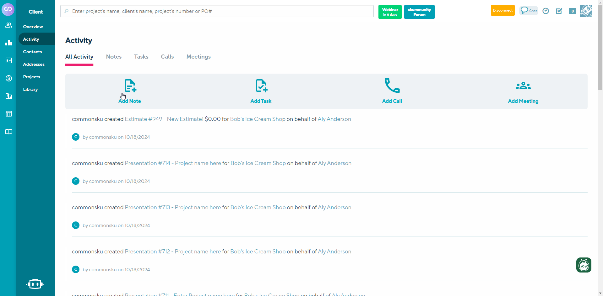 To log a client note in the activity tab