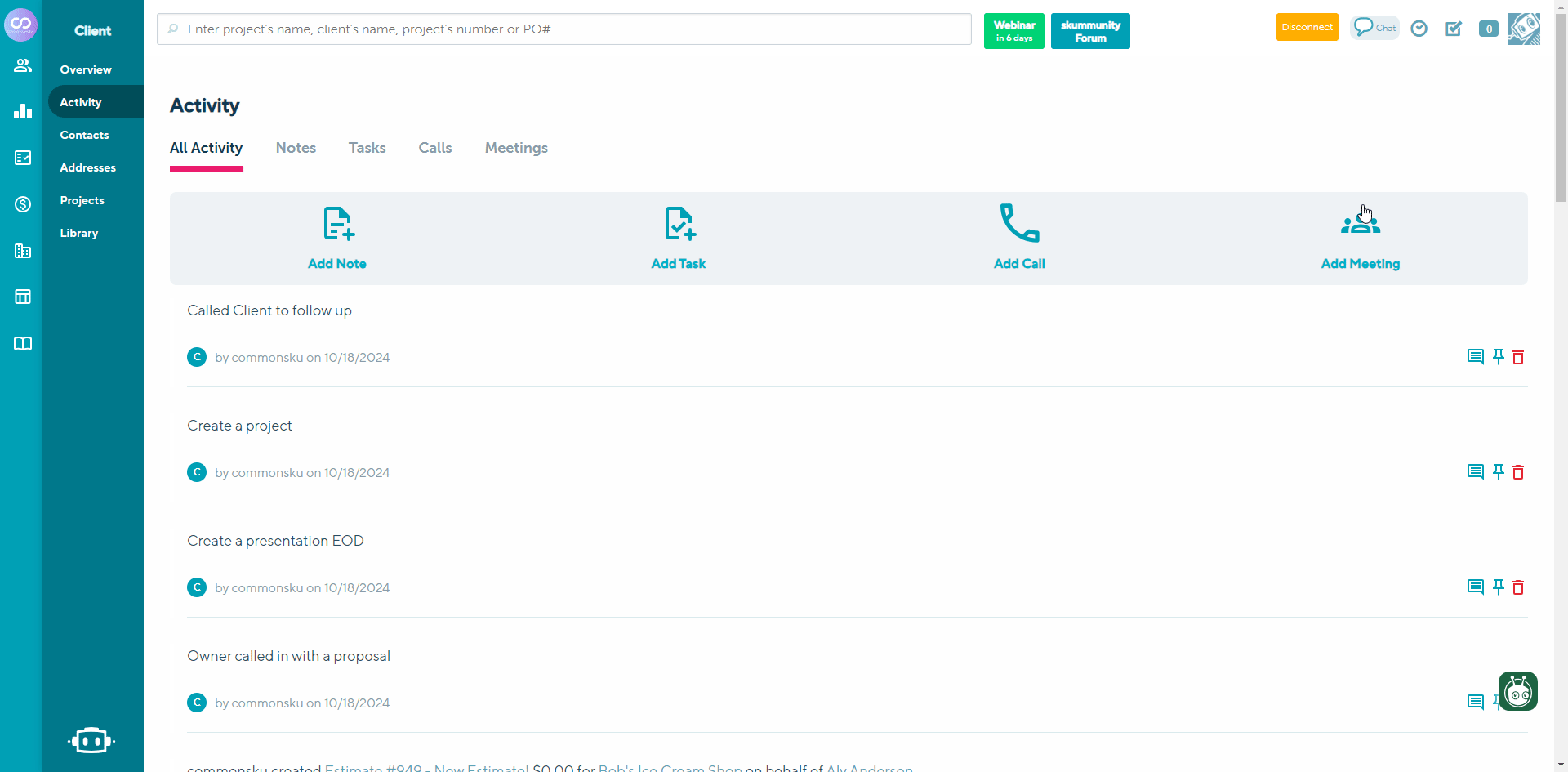 To log a meeting in the Activity tab
