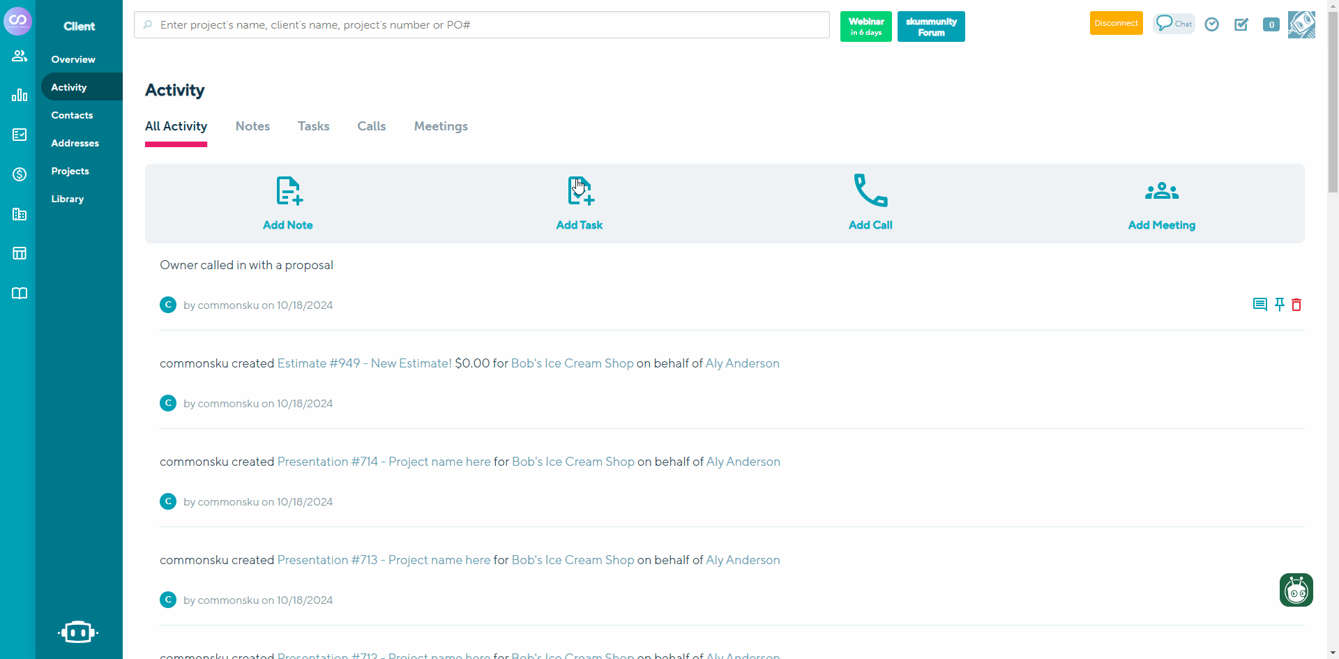 To log a task in the Activity Tab