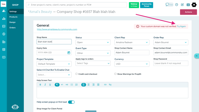 Shop Settings Page - Failure