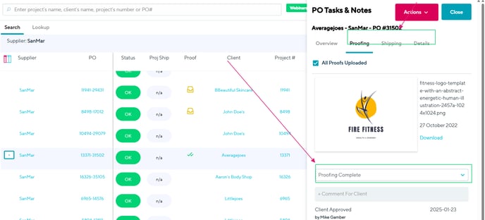 Proofing complete in Production report