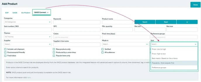 Sage connect Sort